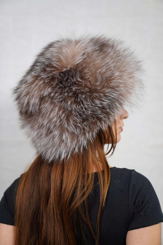 Fox fur hat crystal displaying voluminous round full skin crystal fox fur with natural brown silver variation sitting high on the head — Greek craftsmanship, TatiFurs