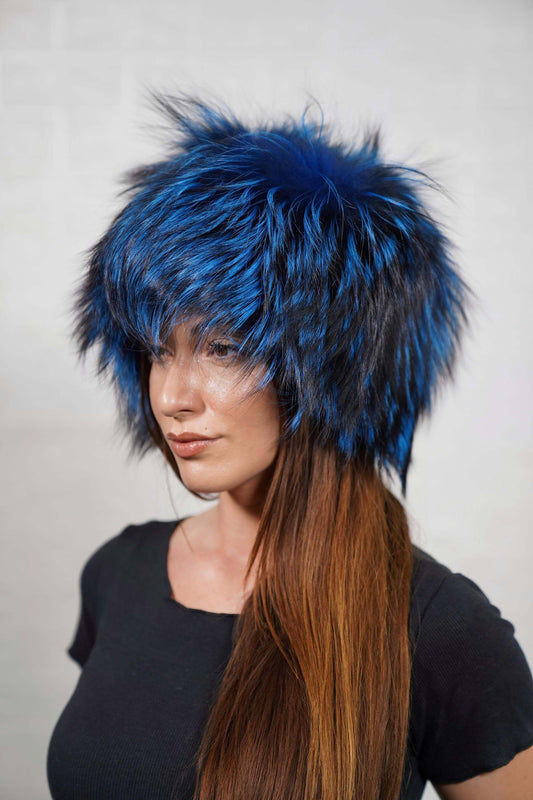 Fox Fur Hat Blue Black - Tatifurs worn by a model, showcasing luxurious blue and black fox fur.