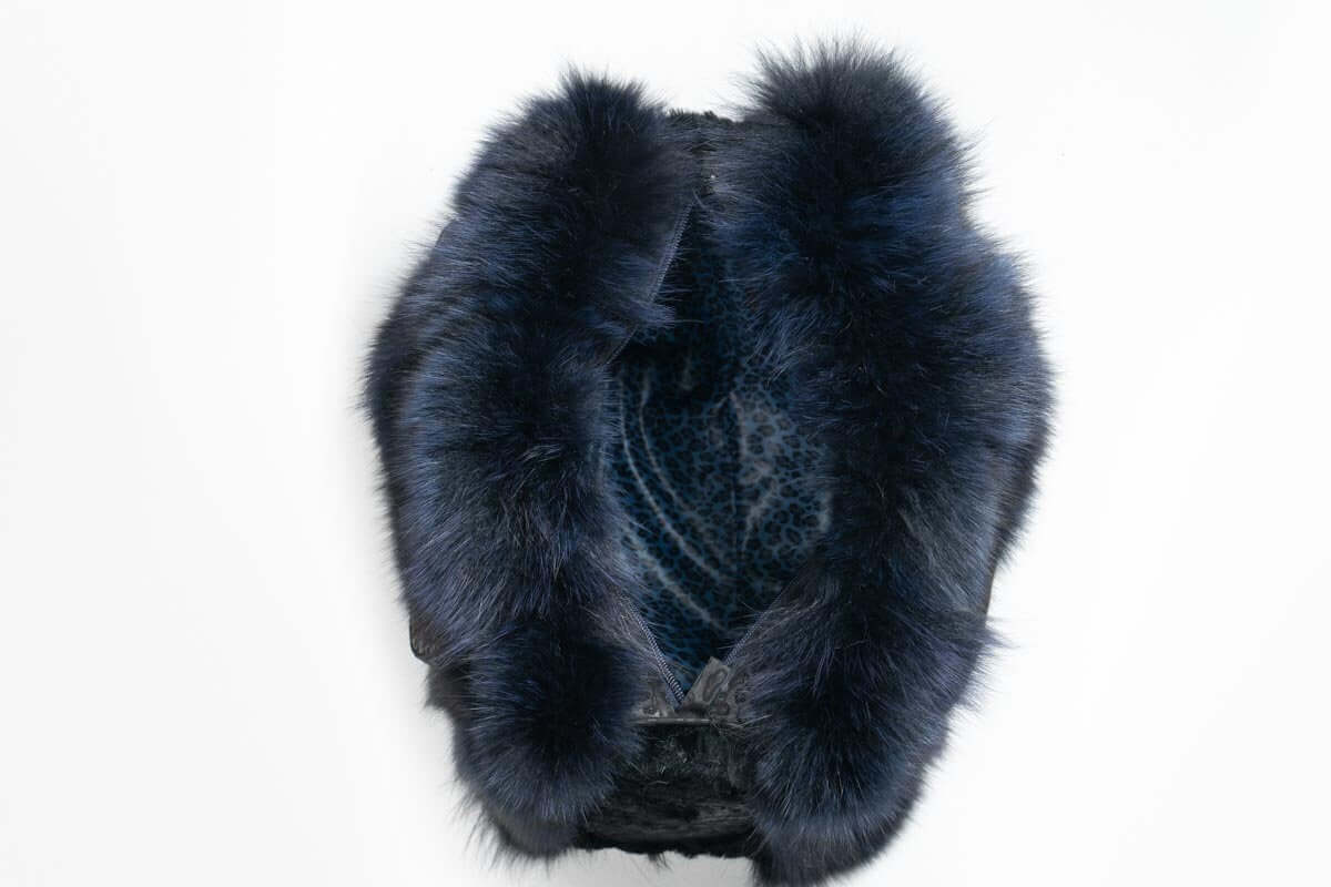 Blue Fox Fur Bag - Tatifurs showcasing a luxurious interior with deep blue fur lining.