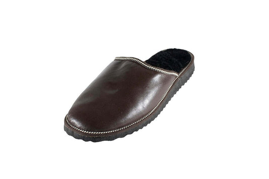 Leather Fur Sheepskin Slippers for Men Brown - Tatifurs, showcasing luxurious leather upper and quality sole.
