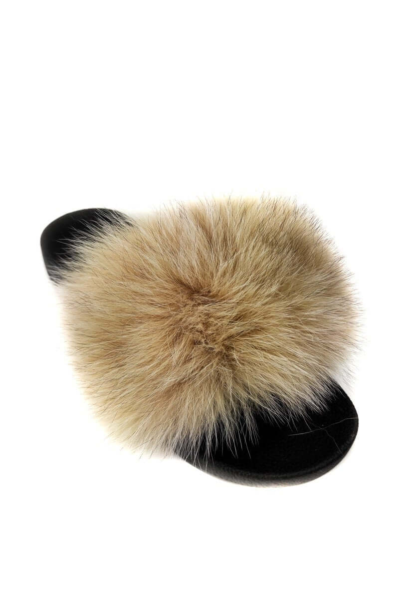 Fox Fur Slides Beige - Tatifurs featuring luxurious fur detailing and a stylish design for glamourous everyday wear.