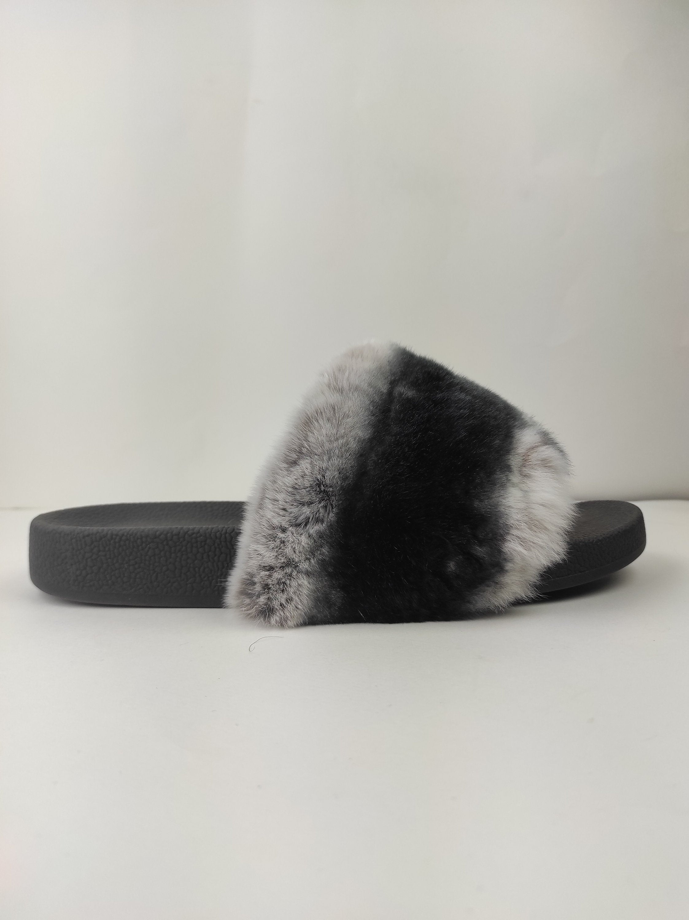Fur slides, fur slippers, rabbit fur slides, fluffy slides
