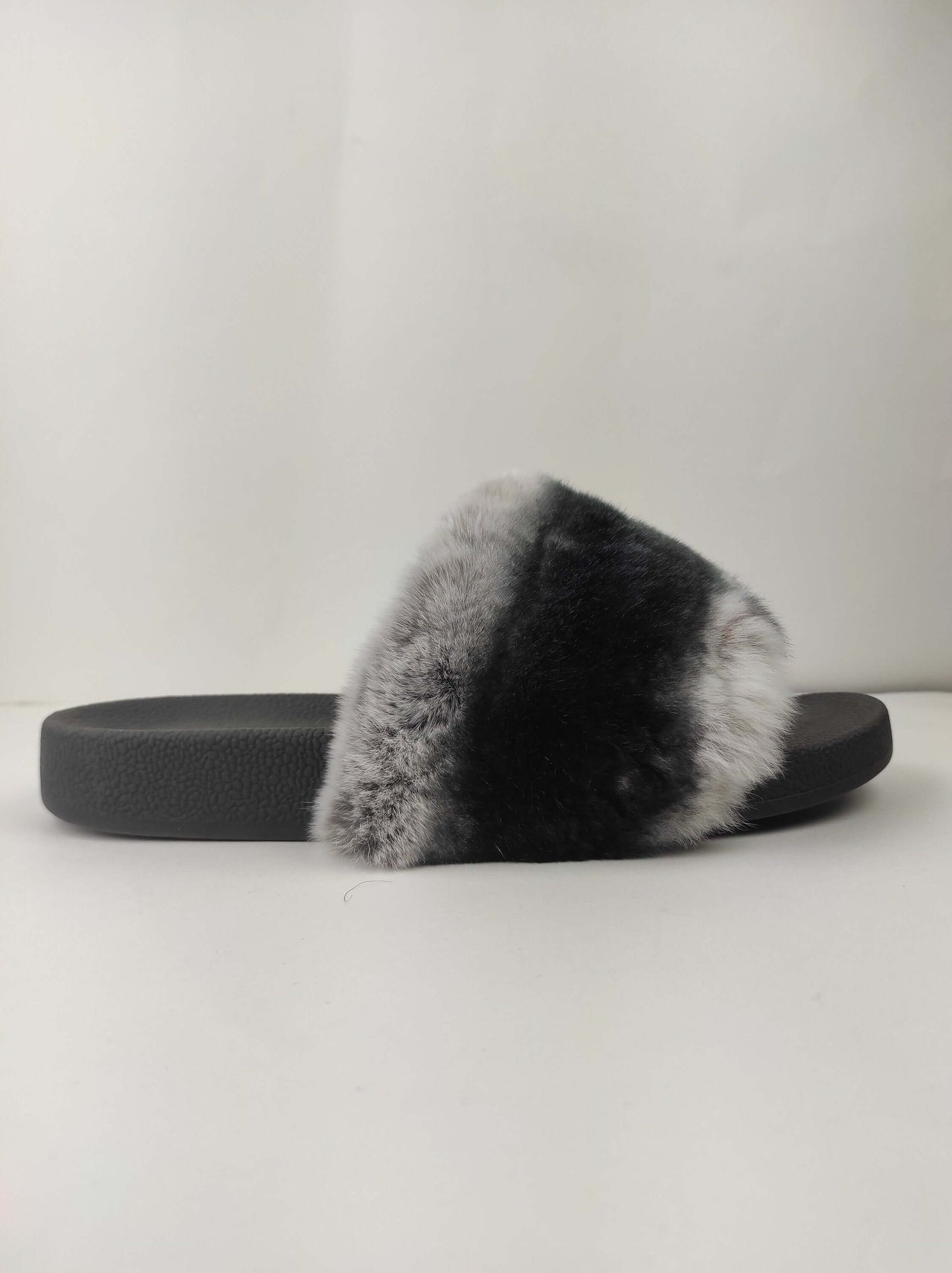 Rabbit Fur Slides Chinchilla Rex - Tatifurs showing luxurious fur and stylish design for women.