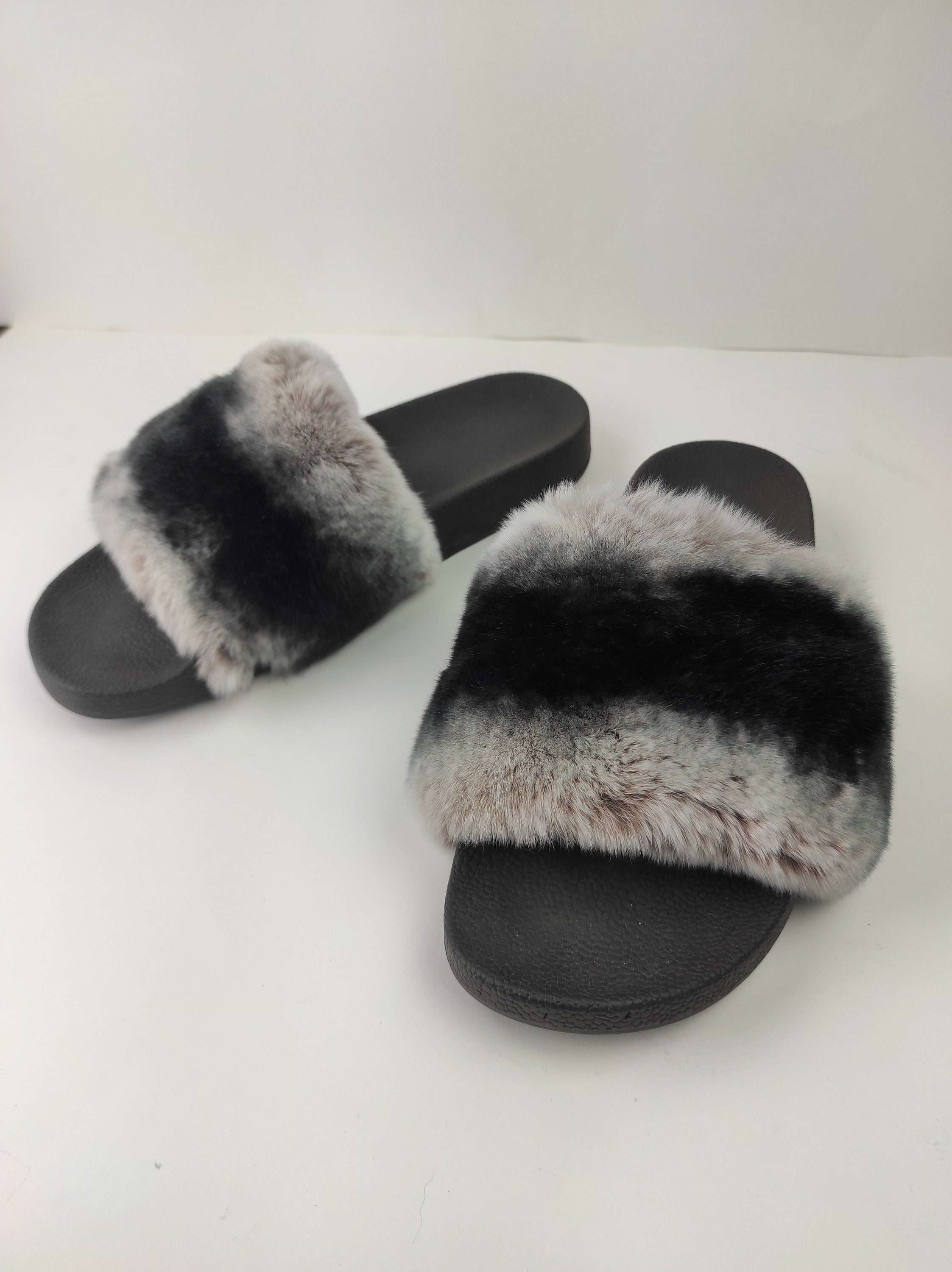 Fur slides, fur slippers, rabbit fur slides, fluffy slides