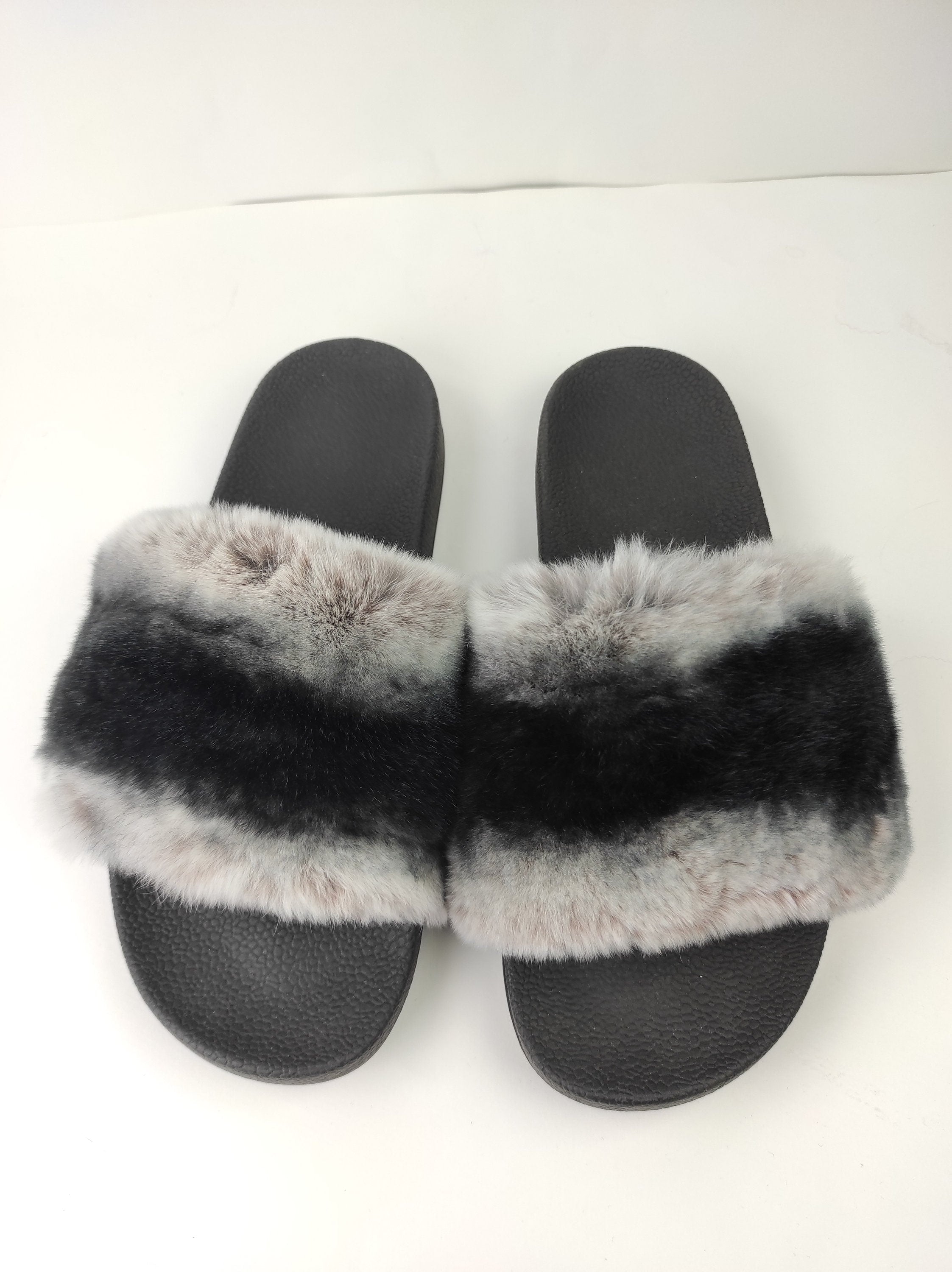 Fur slides, fur slippers, rabbit fur slides, fluffy slides