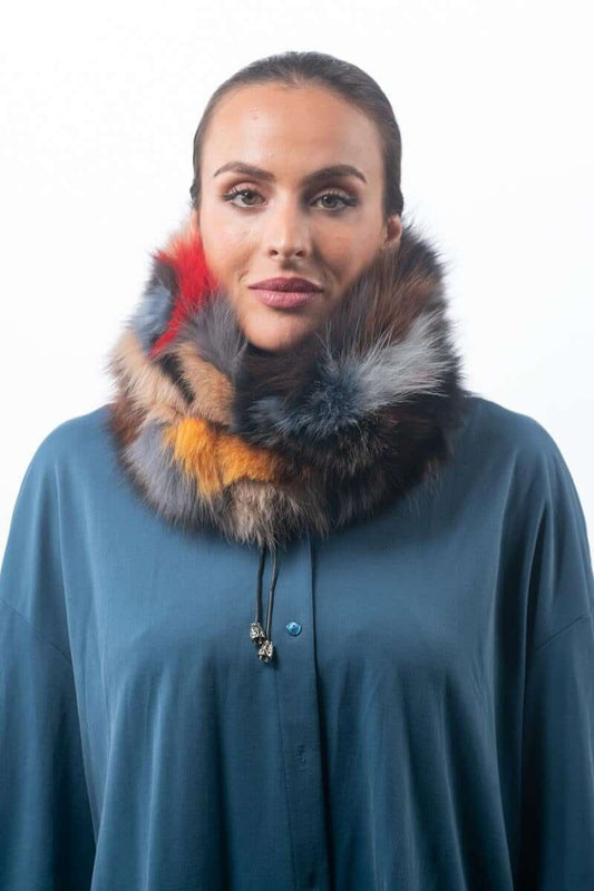 Woman wearing multicolor fox fur neck scarf showing vibrant color combination