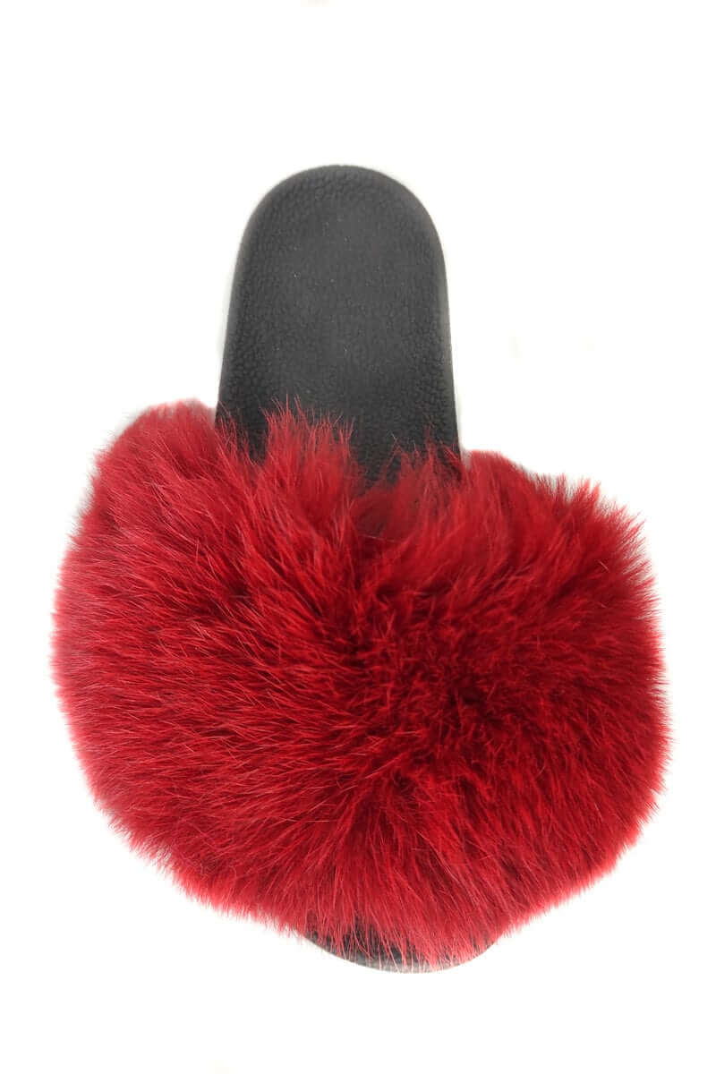 Fox Fur Slides Red - Tatifurs featuring a luxurious red fur design on a black slide.