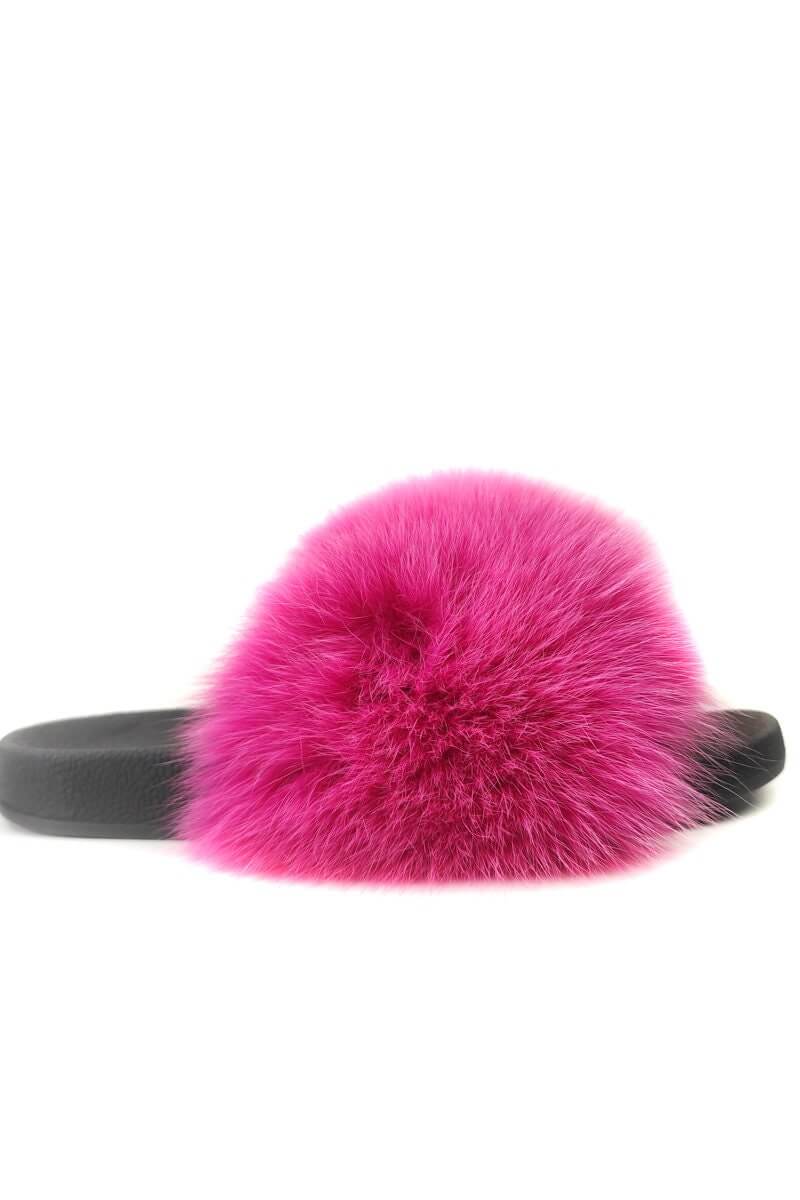 Fox Fur Slides Fuchsia for Women - Tatifurs with glamorous pink fur design and black slide sole.