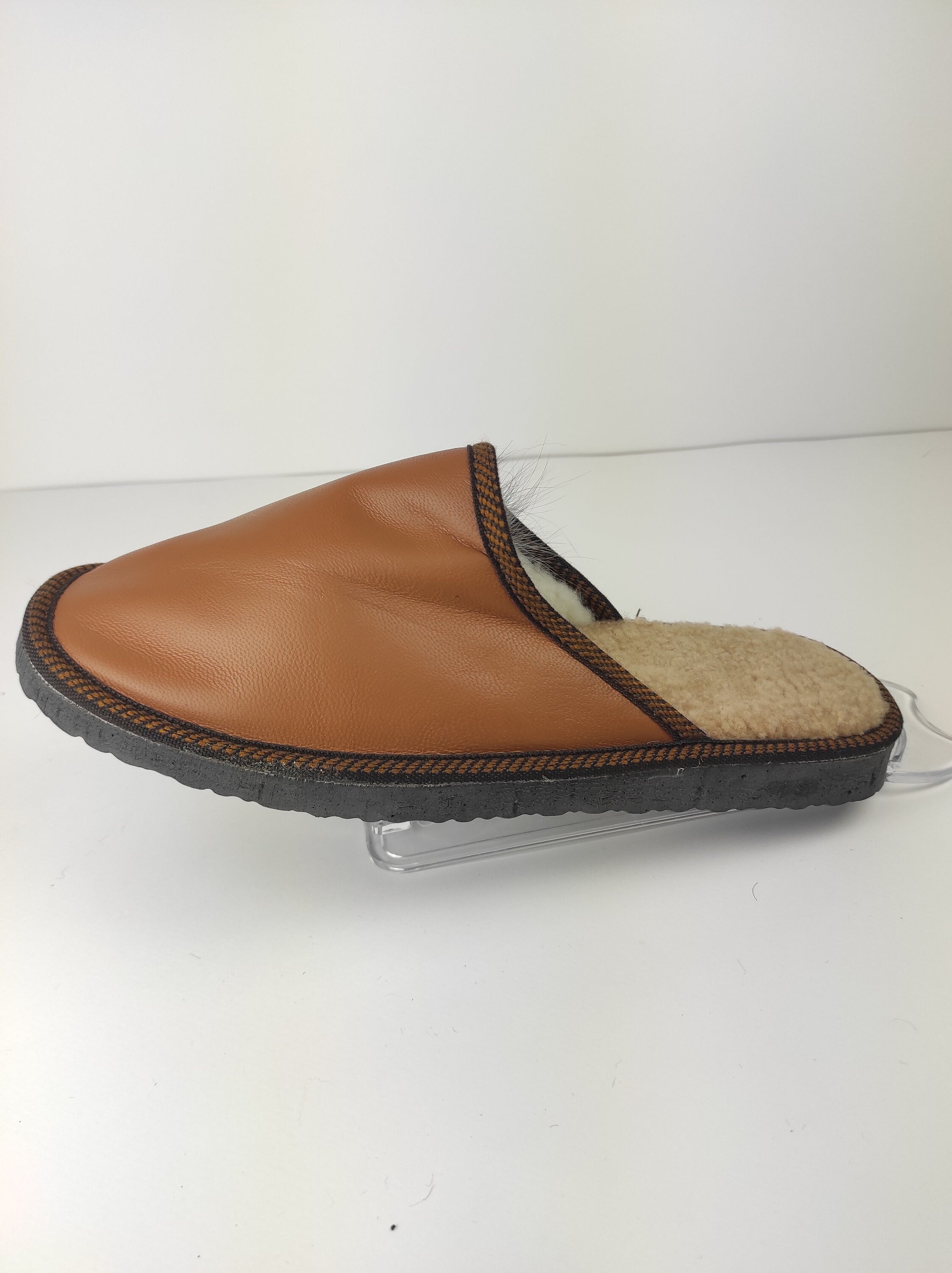 Brown Fur Leather & Sheepskin Slippers
