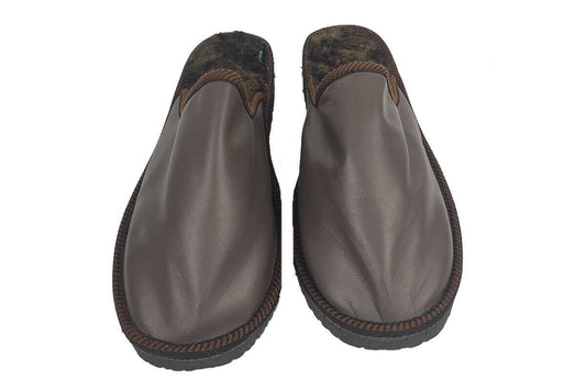Leather Fur Sheepskin Slippers Brown for Men - Tatifurs, showcasing luxurious comfort and style.