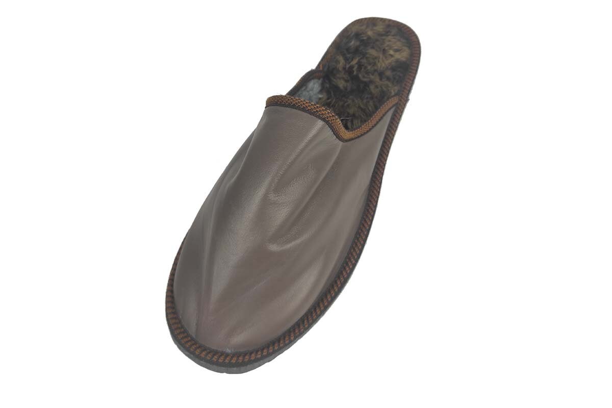 Brown Fur Leather & Sheepskin Slippers
