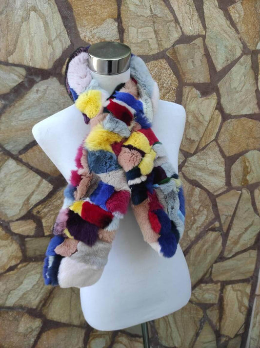 Rex Rabbit Fur Scarf Colorful - Tatifurs displayed on a mannequin against a textured background.