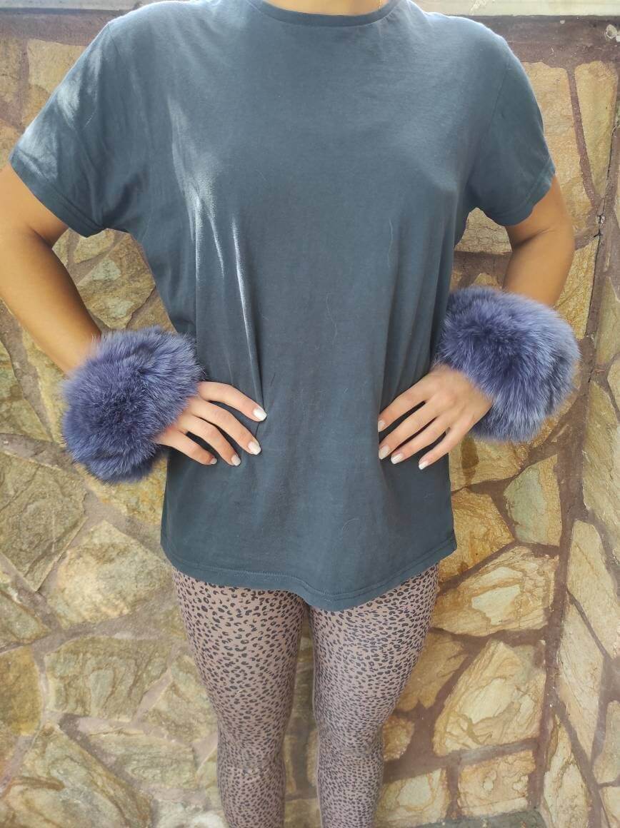 Purple Fox Fur Cuffs – 100% Real Fur - Tatifurs on model, showcasing elegant purple fur wrapped around wrists.