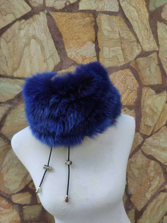 Fox Fur Scarf Neck Warmer Blue - Tatifurs displayed on a mannequin against a stone background.