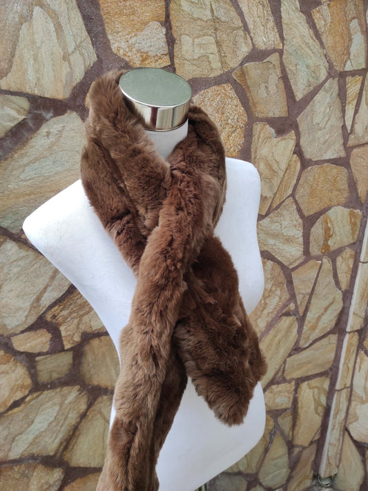 Rex Rabbit Fur Scarf Brown - Tatifurs displayed on a mannequin, showcasing its luxurious softness and warm brown color.