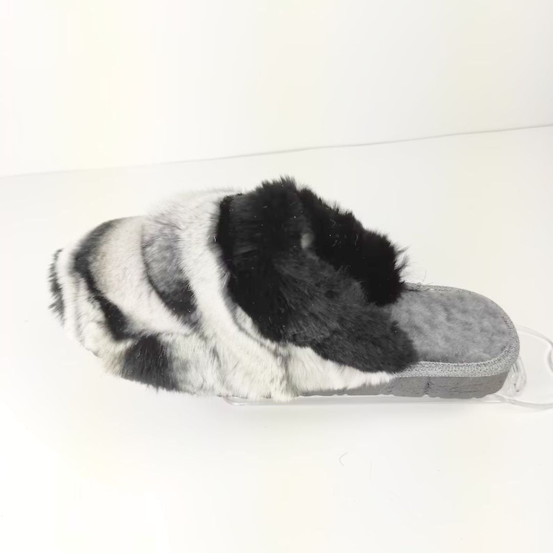 Black White Natural Rabbit Fur & Sheepskin Slippers