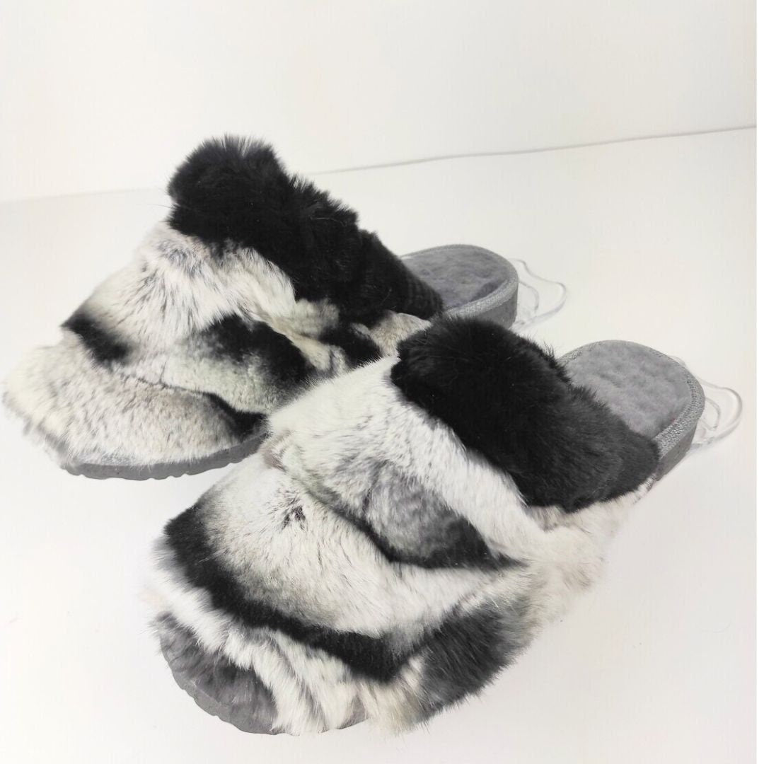Black White Natural Rabbit Fur & Sheepskin Slippers
