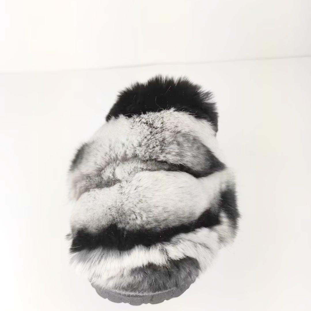 Black White Natural Rabbit Fur & Sheepskin Slippers