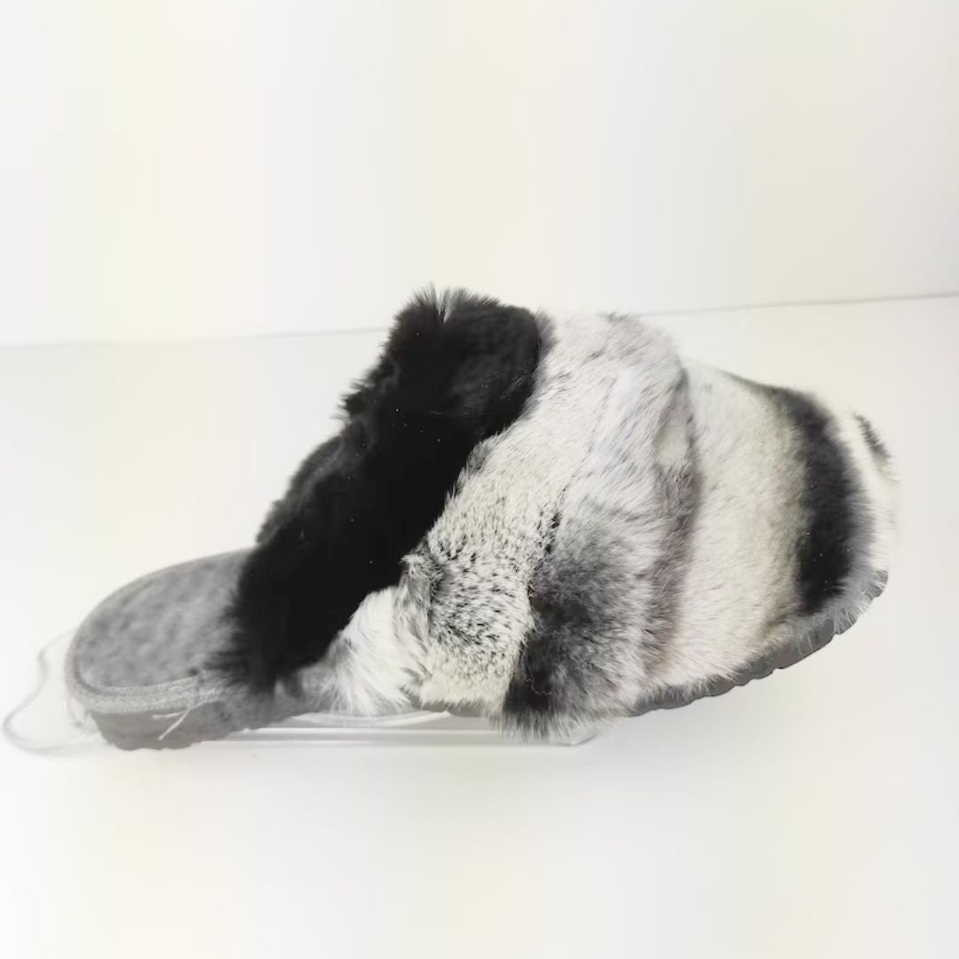 Black White Natural Rabbit Fur & Sheepskin Slippers