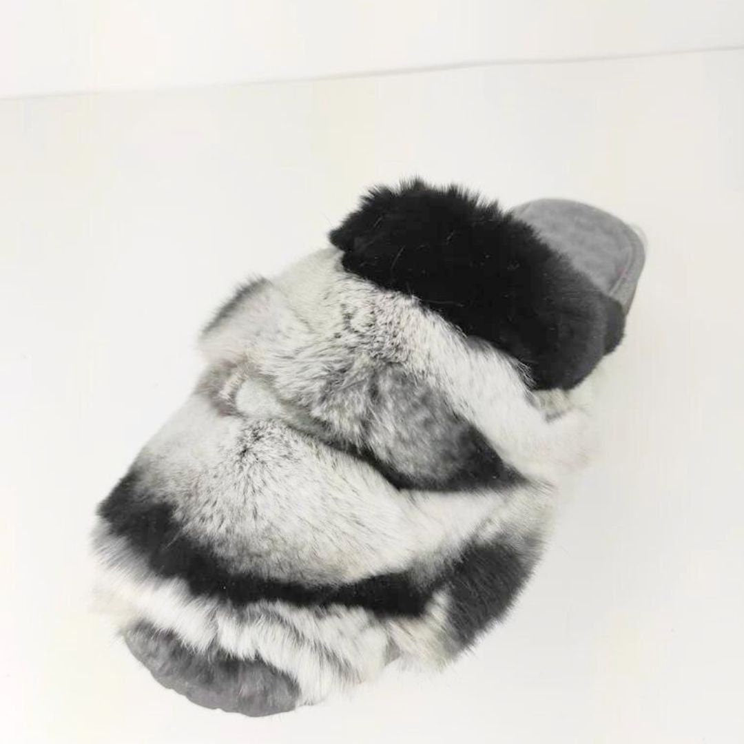 Black White Natural Rabbit Fur & Sheepskin Slippers