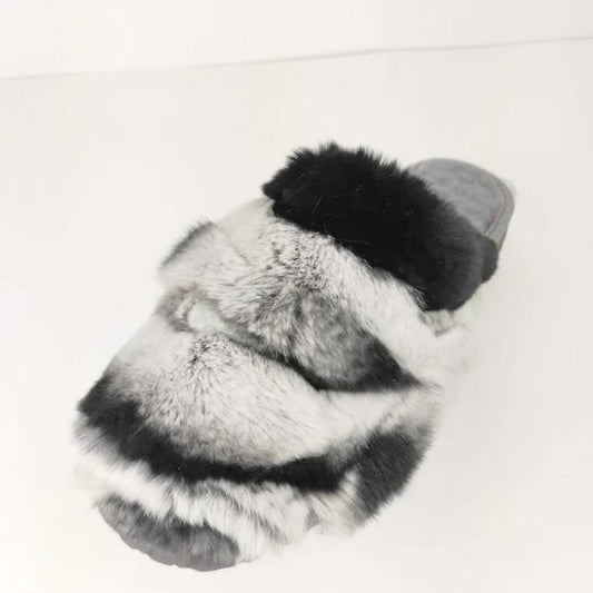 Sheepskin Wool Rabbit Fur Slippers Chinchilla Rex in gray and black fur for ultimate comfort and style.
