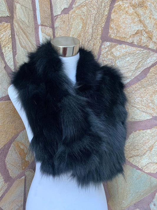 Black fox fur scarf draped showing full length, TatiFurs