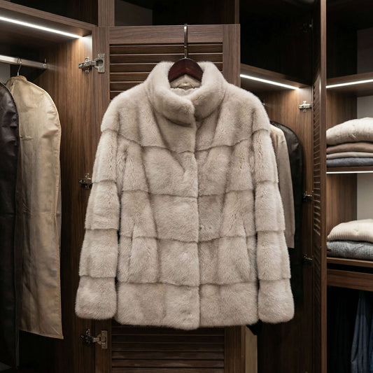 Luxury mink coat hanging on a wide padded hanger in a ventilated wardrobe — correct fur coat storage