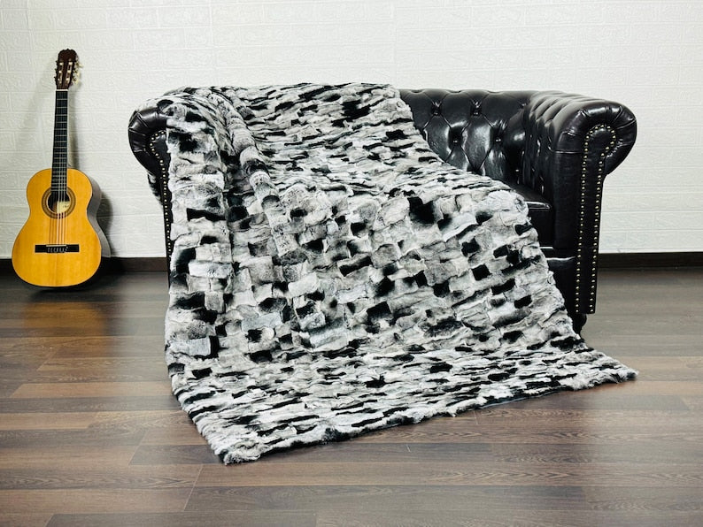 Handmade double sided rabbit fur throw blanket in chinchilla print rex, crafted in Greece by TatiFurs
