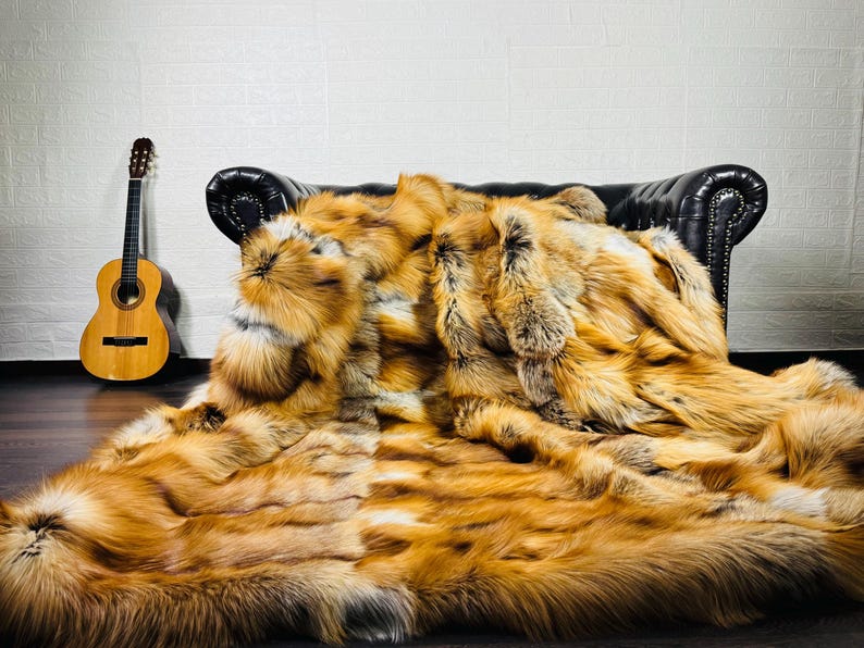 Collection of fox fur full skin throw blankets, luxury real fur, handmade, plush and natural, perfect for home decor