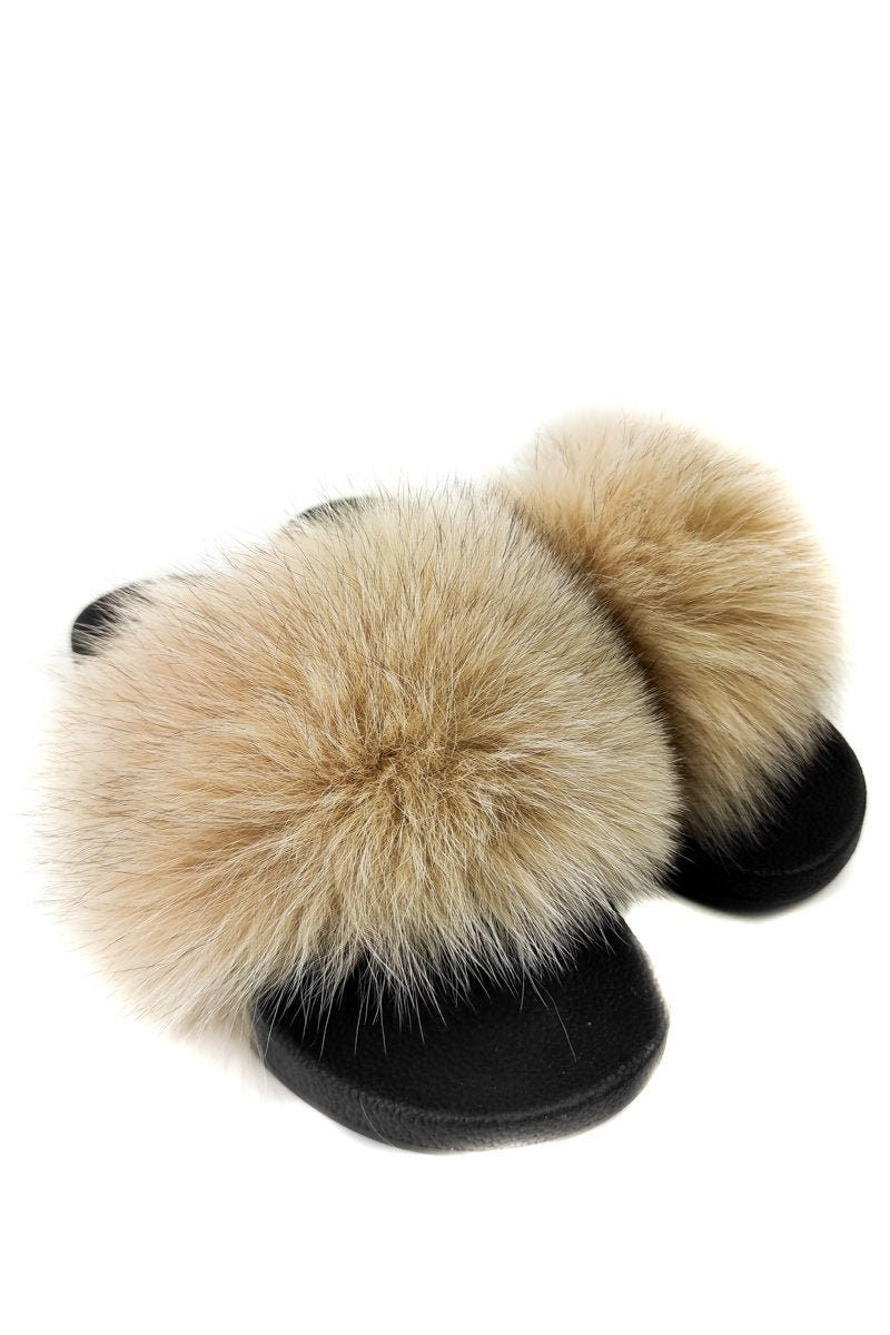 Handmade luxury real fox fur slides in beige handcrafted in Greece by TatiFurs