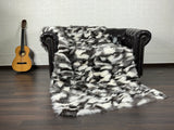 Real Black White  Fox Fur Blanket Throw • Housewarming Gift Sofa Cover n Bedspread •  Handmade Genuine Fur