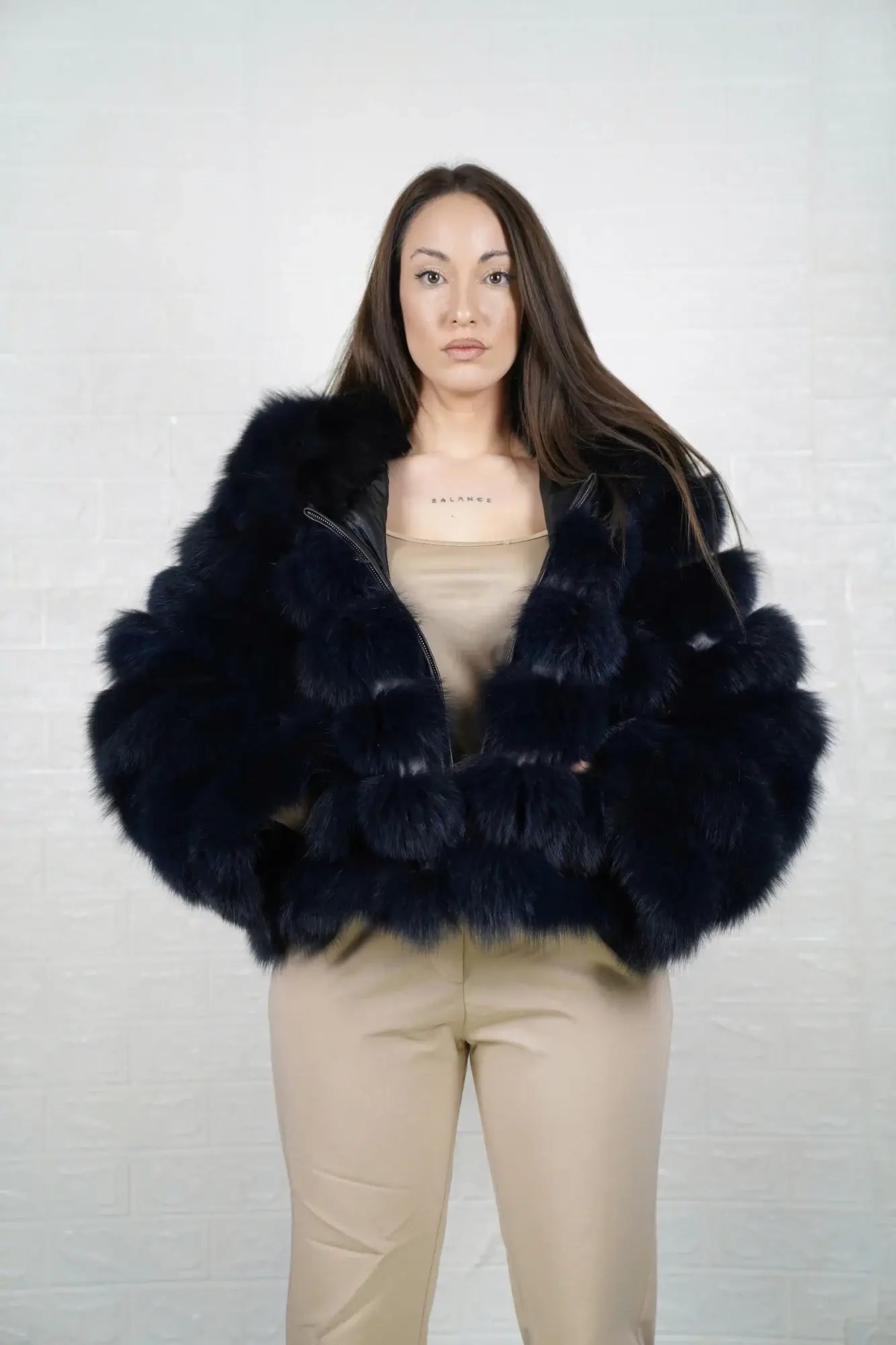 Fox fur jacket blue women shown full length from front displaying hooded silhouette and button closure in horizontal leather framed blue fox rows — Greek craftsmanship, TatiFurs
