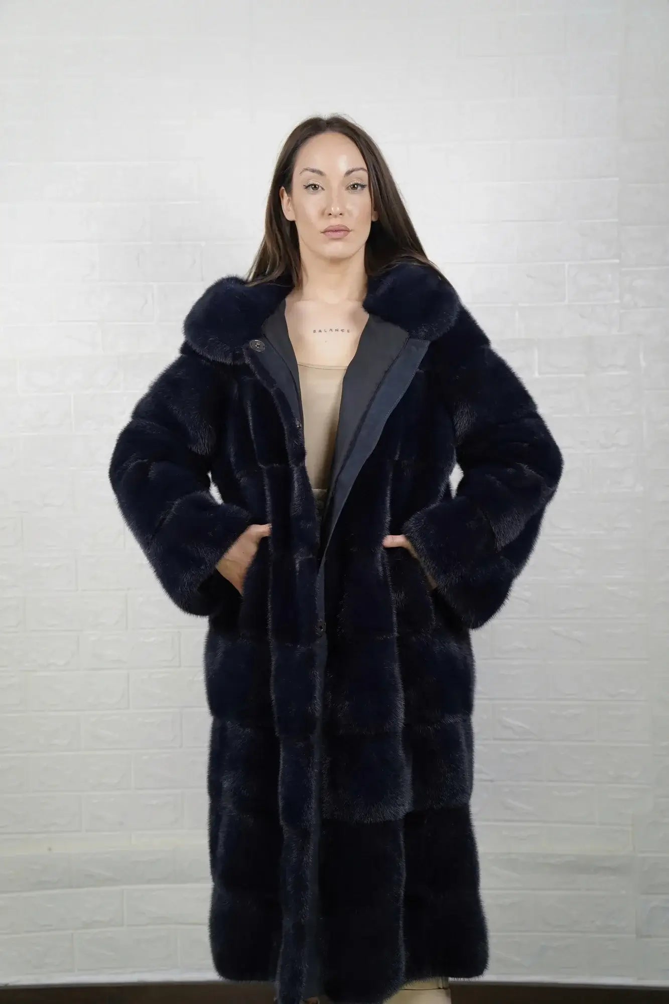 Mink fur overcoat blue displayed showing deep luminous blue tone and full below the knee overcoat silhouette — Greek craftsmanship, TatiFurs
