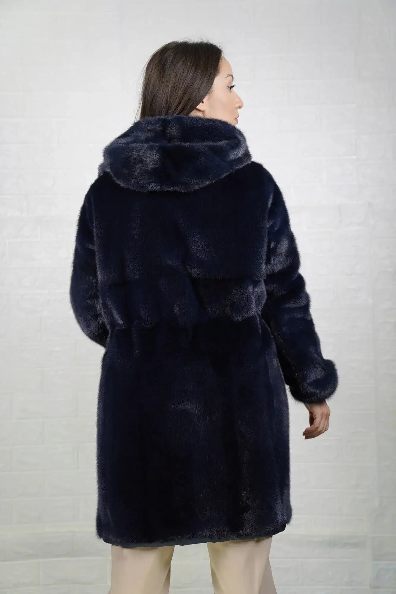 Mink fur coat reversible blue shown from the side displaying above the knee silhouette and solid flat blue mink surface — Greek craftsmanship, TatiFurs
