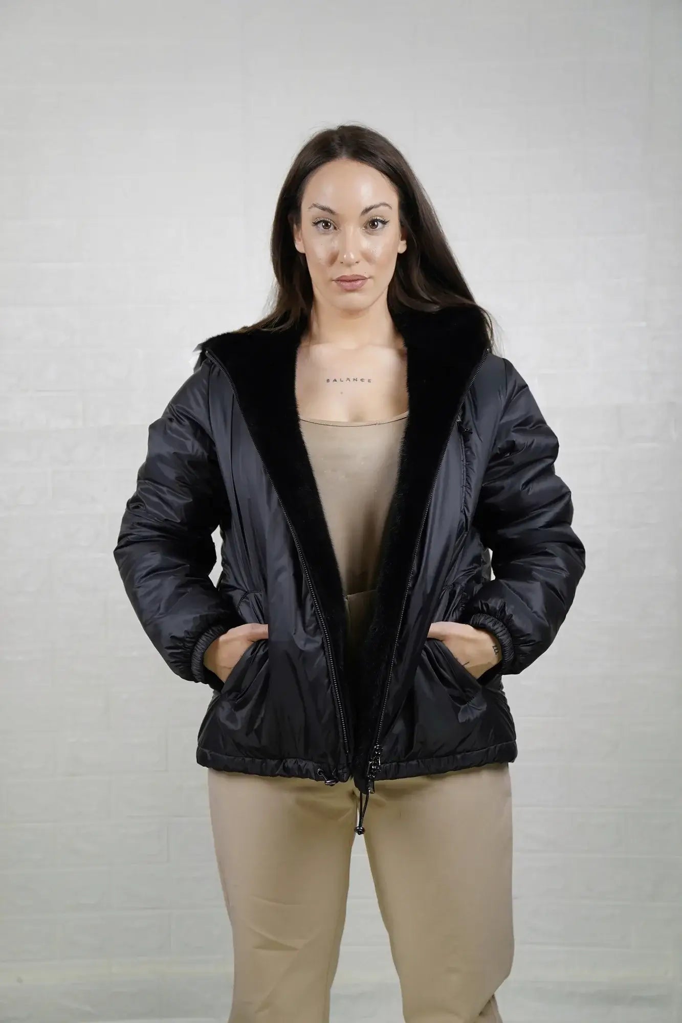 Mink fur jacket reversible black hood worn up showing mink lined hood framing face in deep black matched to coat body — Greek craftsmanship, TatiFurs
