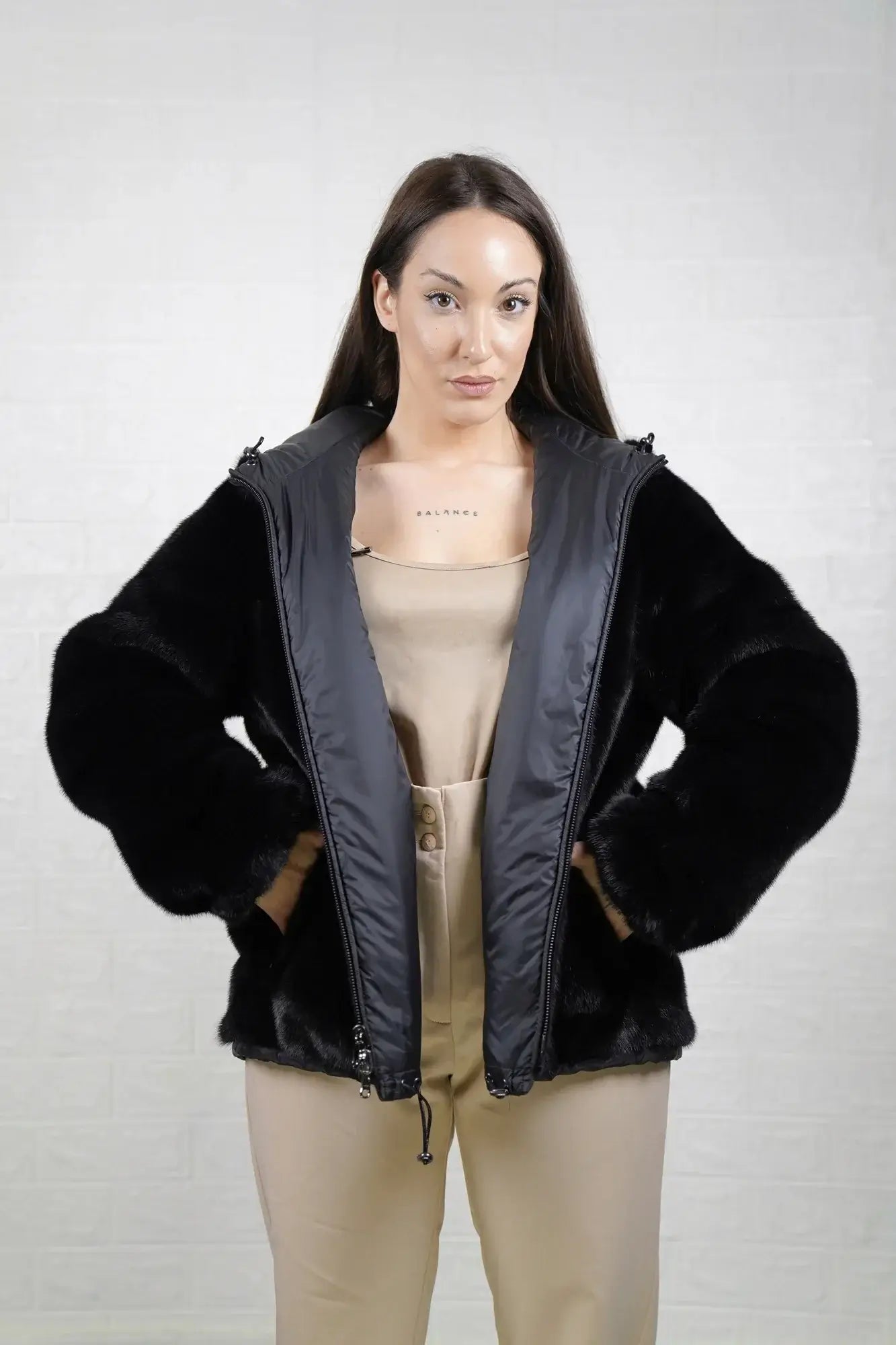 Mink fur jacket  reversible black interior detail showing both solid black mink and synthetic sides and construction between them — Greek craftsmanship, TatiFurs
