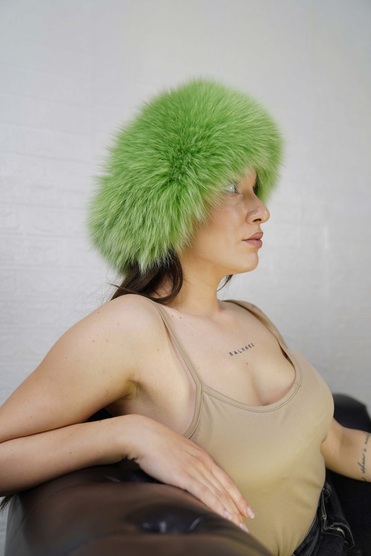 Fox Fur Headband Green — Full Skin, Elastic shown from the side displaying the plush fresh apple green fur band over the ears — Greek craftsmanship, TatiFurs