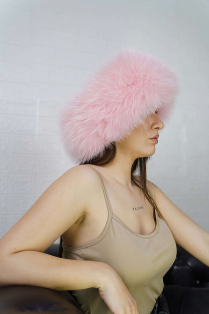 Fox Fur Headband Pink — Full Skin, Elastic shown from the side displaying the plush soft powder pink fur band over the ears — Greek craftsmanship, TatiFurs