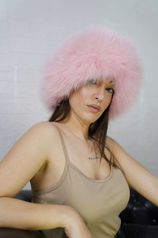 Fox Fur Headband Pink — Full Skin, Elastic — front view worn by a woman, TatiFurs