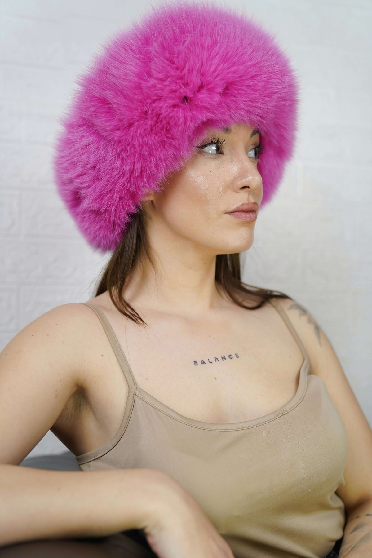 Fox Fur Headband Fuchsia — Full Skin, Elastic shown from the side displaying the plush vivid hot-pink fuchsia fur band over the ears — Greek craftsmanship, TatiFurs