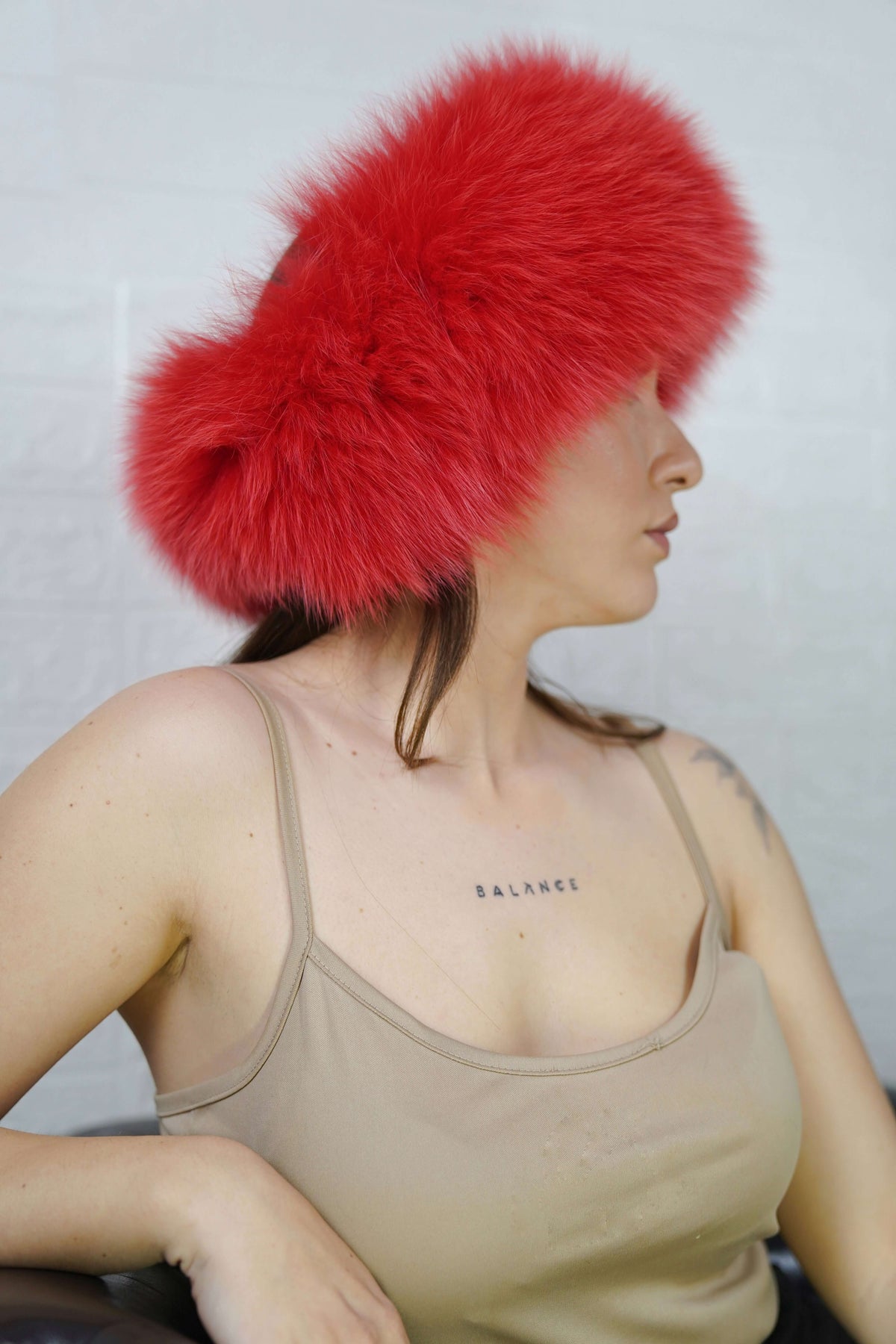 Fox Fur Headband Red — Full Skin, Elastic shown from the side displaying the plush rich true red fur band over the ears — Greek craftsmanship, TatiFurs