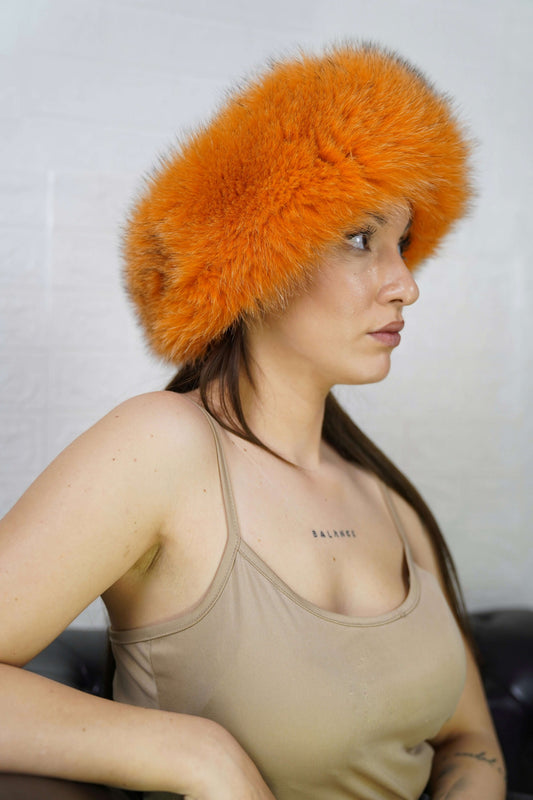 Fox Fur Headband Orange — Full Skin, Elastic shown from the side displaying the plush bright tangerine orange fur band over the ears — Greek craftsmanship, TatiFurs
