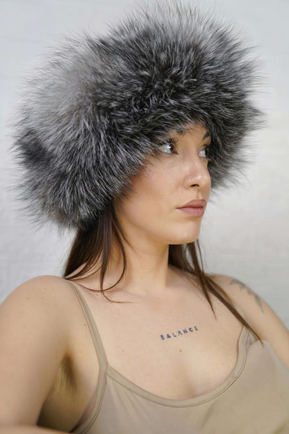 Fox Fur Headband Silver — Full Skin, Elastic shown from the side displaying the plush natural silver fox, black with frosted white tips fur band over the ears — Greek craftsmanship, TatiFurs