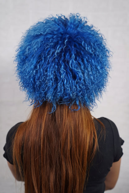 Mongolian Sheepskin Hat Blue — Curly Lamb Fur, One Size shown from the back, dense rich cobalt blue Mongolian sheepskin pile from crown to nape — TatiFurs