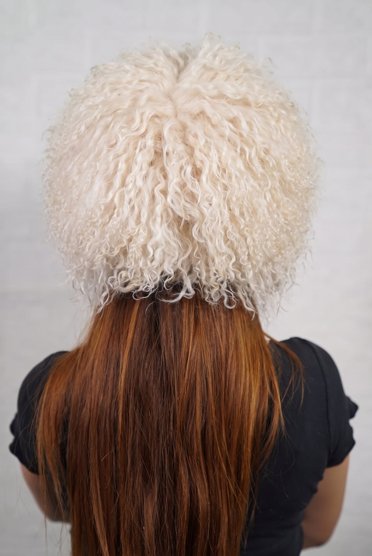 Mongolian Sheepskin Hat Cream Beige — Curly Lamb Fur, One Size shown from the back, dense soft cream beige Mongolian sheepskin pile from crown to nape — TatiFurs