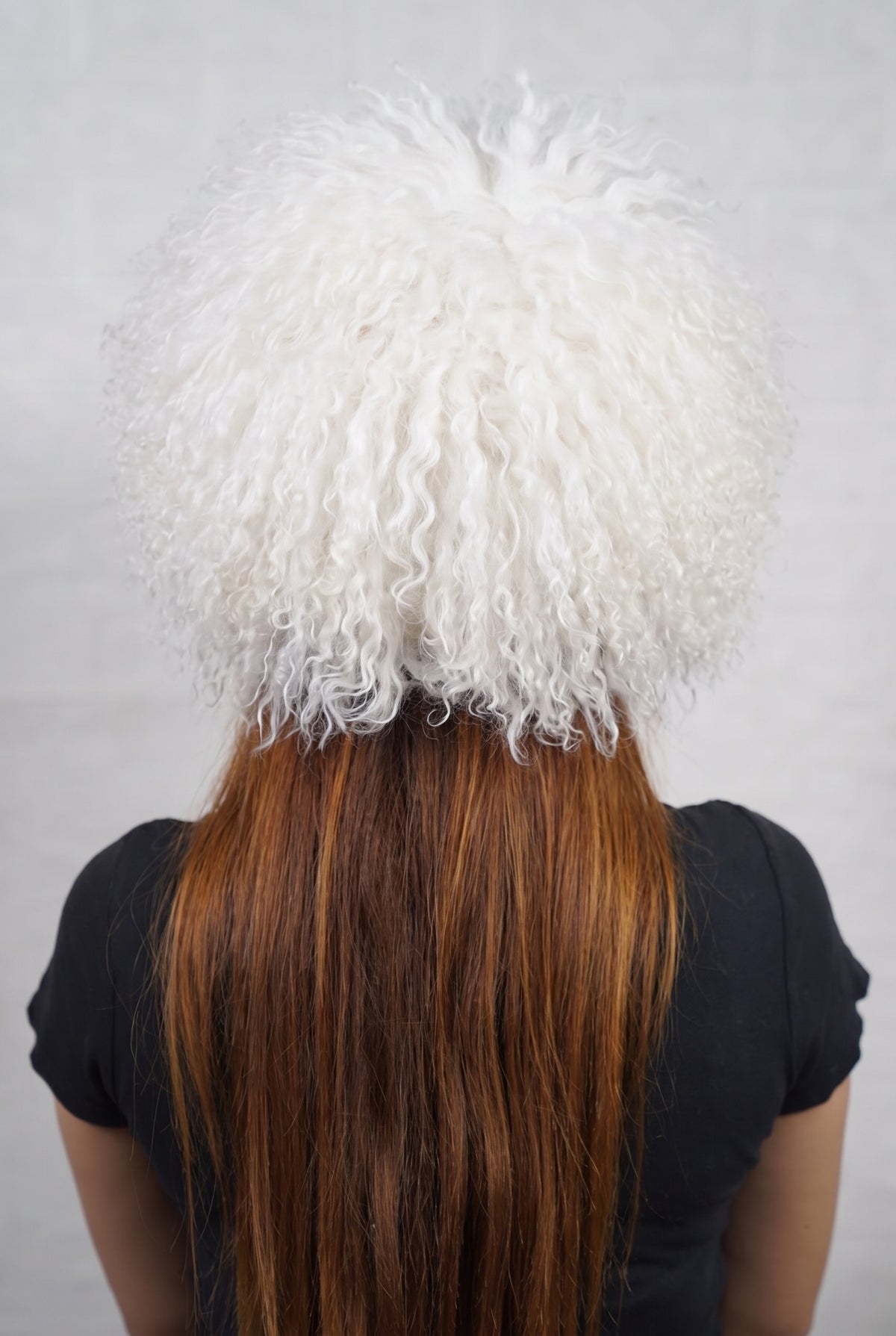 Mongolian Sheepskin Hat White — Curly Lamb Fur, One Size shown from the back, dense pure snow white Mongolian sheepskin pile from crown to nape — TatiFurs