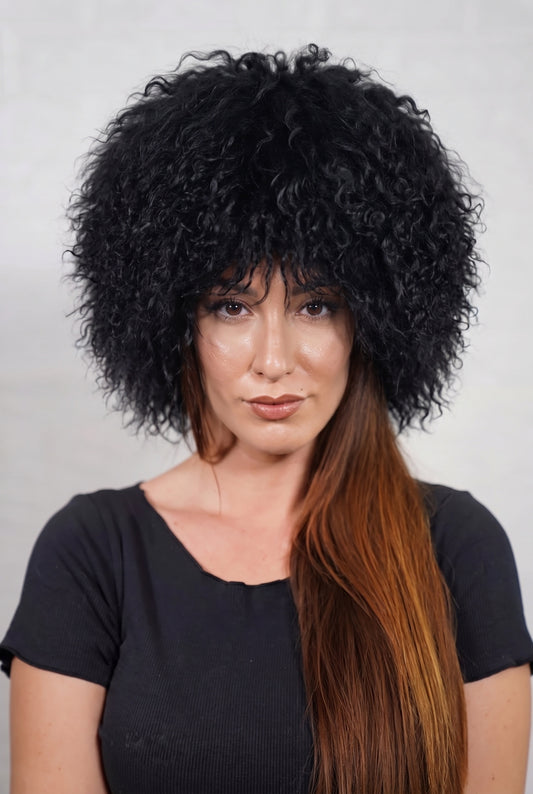 Mongolian Sheepskin Hat Black — Curly Lamb Fur, One Size shown from the front, full round silhouette of deep jet black Mongolian lamb curls over the forehead — handmade in Greece, TatiFurs