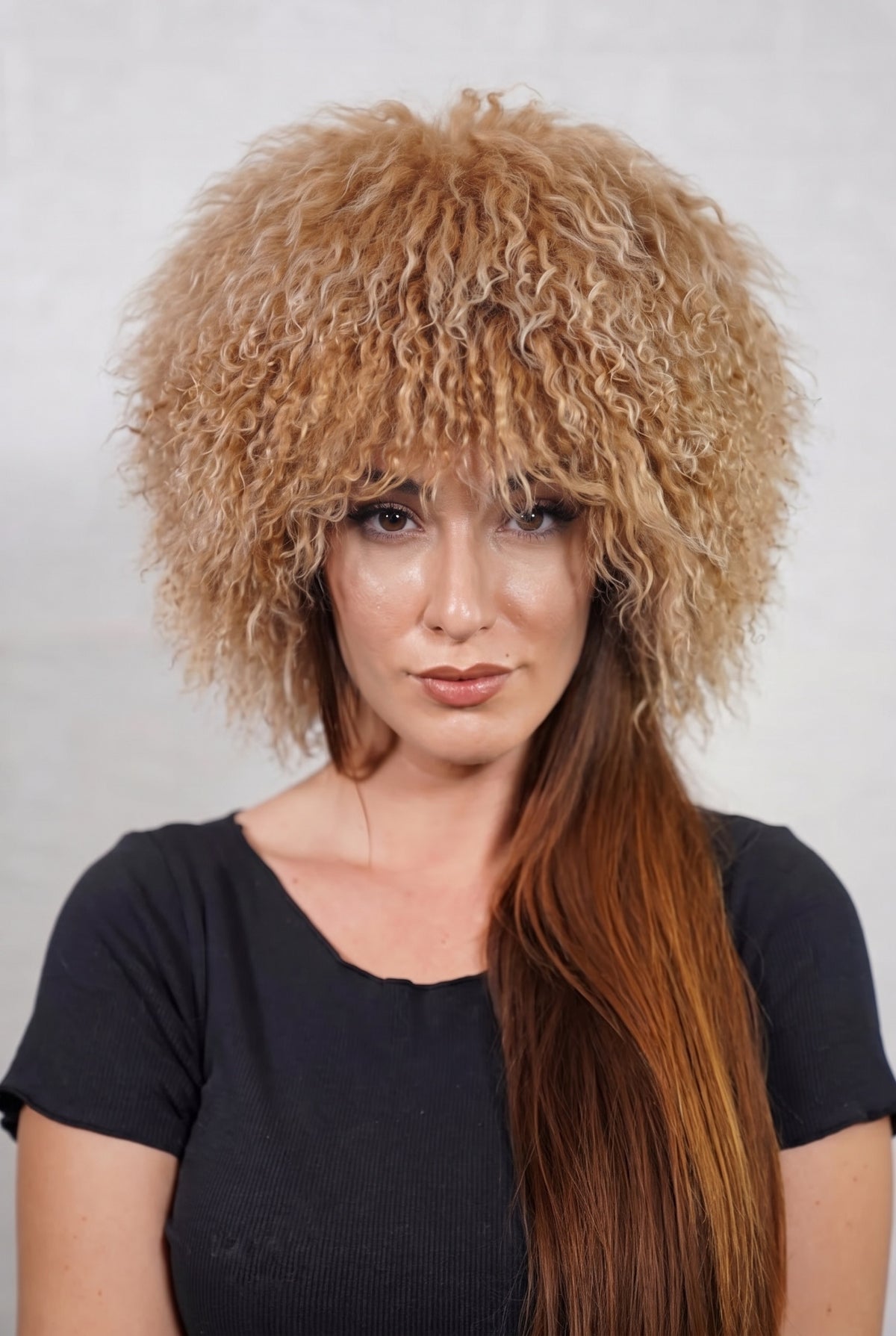 Mongolian Sheepskin Hat Camel Brown — Curly Lamb Fur, One Size shown from the front, full round silhouette of warm natural camel brown Mongolian lamb curls over the forehead — handmade in Greece, TatiFurs