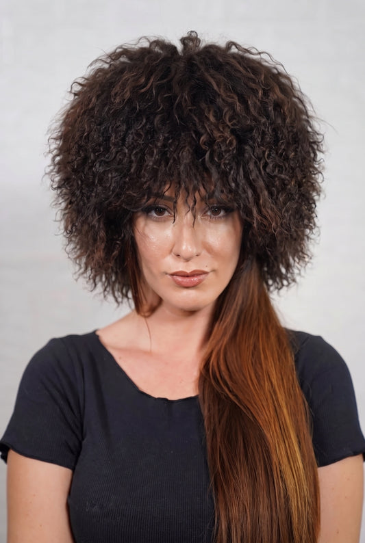 Mongolian Sheepskin Hat Dark Brown — Curly Lamb Fur, One Size shown from the front, full round silhouette of deep chocolate brown Mongolian lamb curls over the forehead — handmade in Greece, TatiFurs