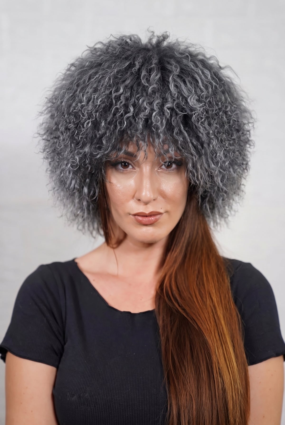 Mongolian Sheepskin Hat Grey — Curly Lamb Fur, One Size shown from the front, full round silhouette of smoky charcoal grey Mongolian lamb curls over the forehead — handmade in Greece, TatiFurs